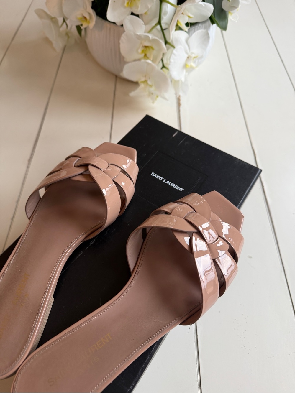 Saint Laurent Blush Patent Leather Slide Sandals